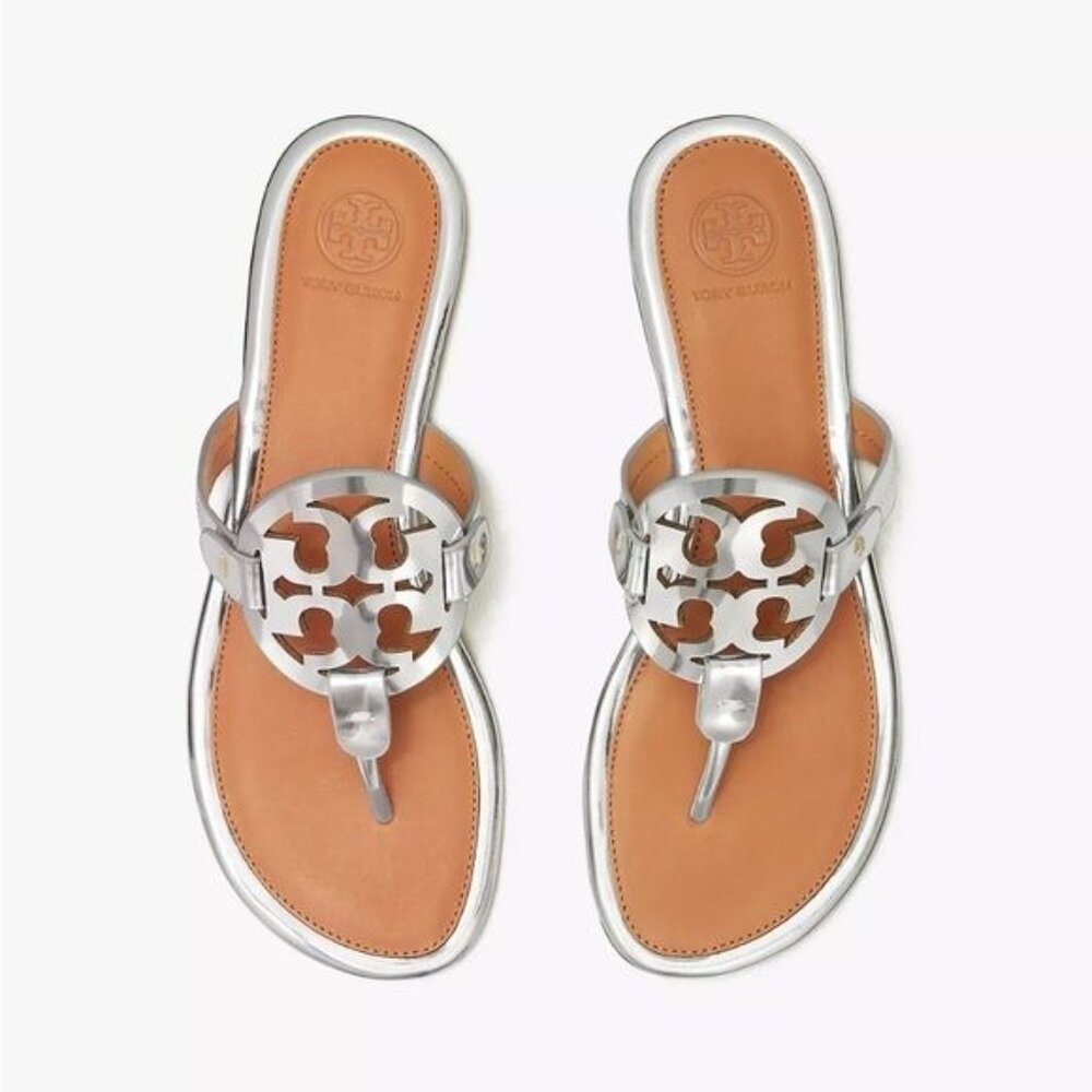 Tory Burch Miller Flip Flop Sandals Women, Size 8.5 Silver Tan Metallic Chrome - Picture 9 of 9